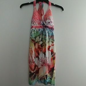 Papaya Multicolor Hibiscus Flower Halter Dress